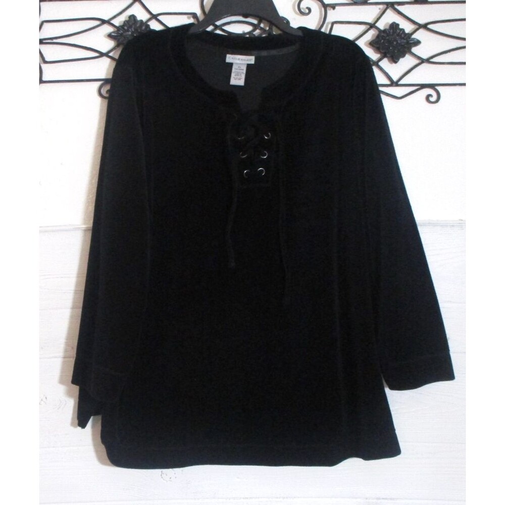 Catherines Women's Velour Top Size 2X Long Sleeve Black Round Neck